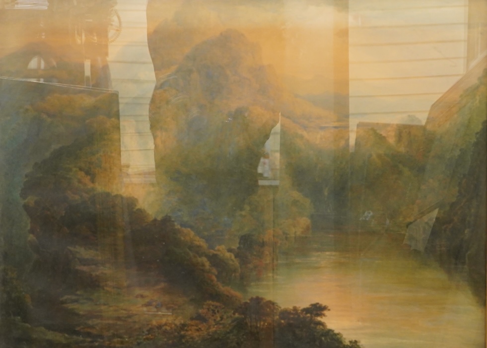 19th century School, Riverscape with ravine, unsigned, watercolour, 57 x 78cm, ornate gilt frame